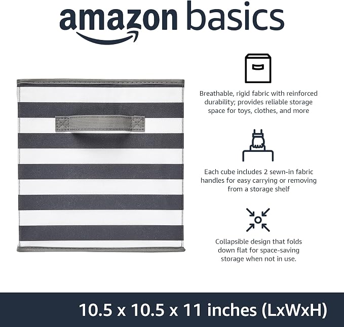 Amazon Basics Collapsible Fabric Storage Bins with Handles, Cube Organizer for Home Organization, White/Light Grey Stripe, 10.5"x10.5"x11" (Pack of 30)