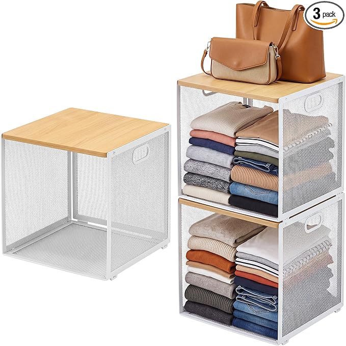 AceOrbit 3 Pcs Widened Stackable Closet Organizer and Storage with Wood Top Foldable Metal Cube Closet Shelf DIY Space Saving Linen Clothes Shoe Bed Sheet Bin Wardrobe Bedroom ( 15.6"x12"x8.7", Dark)