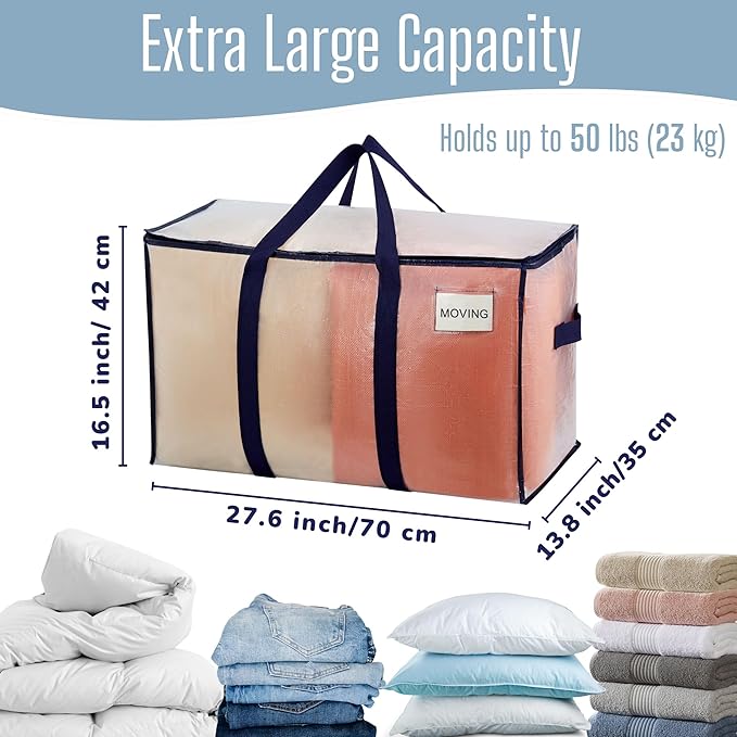VENO 4 Pack Heavy Duty Moving Bags, Extra Large Storage Bags with Reinforced Handles & Strong Zippers, Foldable & Reusable Moving Box Alternative for Clothes & Dorm Storage