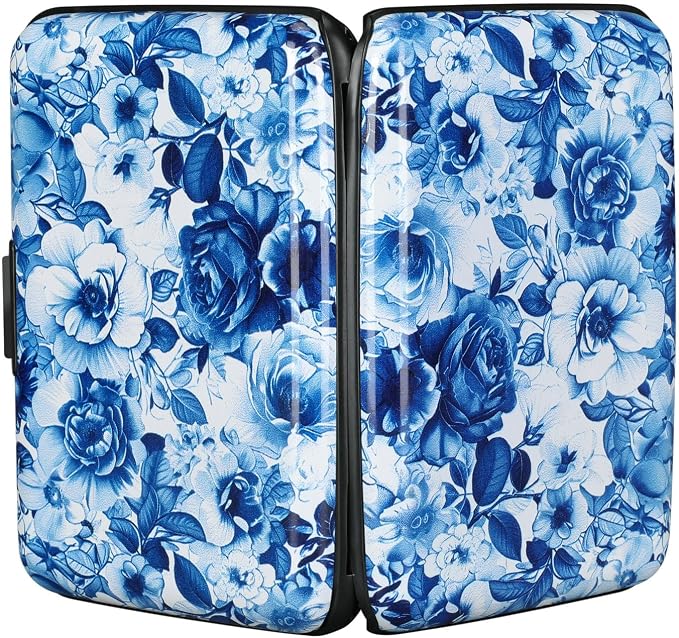 ELFISH RFID Blocking Credit Cards Holder Aluminum Wallet Metal ID Case for Men Women(Blue and White Peony)
