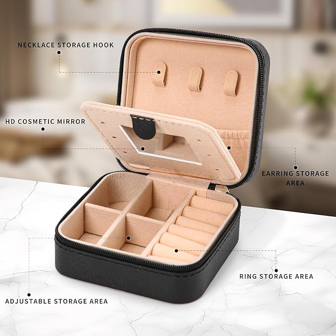 Neveika Jewelry Box with Mirror,Small Jewelry Organizer Box，Travel Jewelry Case for Women，Gift Jewelry Boxes for Female Girls (mirror black)