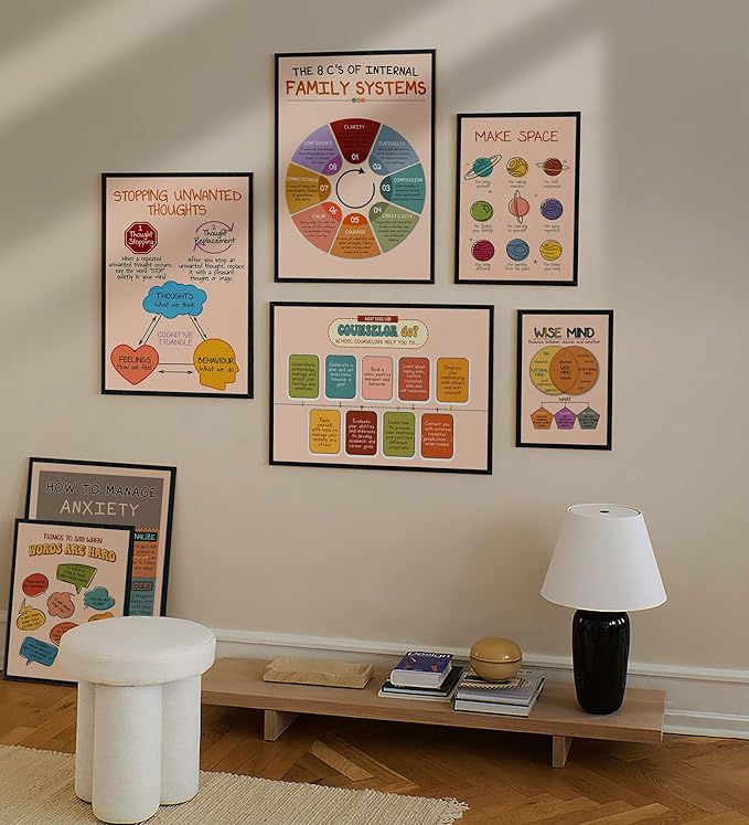 LOLUIS Mental Health Poster, Boho Therapy Tools Educational Supplies Art Print Classroom School Office Decor (8 C'S of Internal Family Systems, Custom Frame Type)