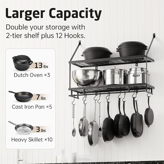 KES 30-Inch Kitchen Pot Rack - Mounted Hanging Rack for Kitchen Storage and Organization - Matte Black 2-Tier Wall Shelf with Guard Rail for Pots and Pans Organizer with 12 Hooks - KUR215S75B-BK