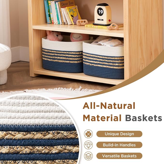 UBBCARE 3 Pack Baskets for Organizing, Woven Storage Baskets for Toys and Towel, Rectangle Cotton Rope Basket with Handles, 14''L x 8''W x9''H, Navy Blue