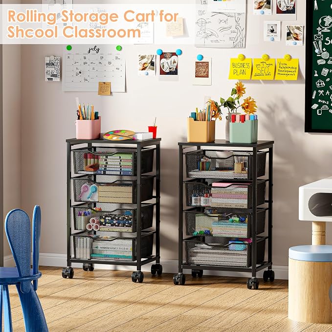 Sbanmao Utility Cart with 4 Drawers, Rolling Storage Cart, Metal Rolling Drawer Cart with Lockable Wheels and Wooden Tabletop, Craft Storage Art Cart for Living Room, Bedroom, Classroom, Office Black