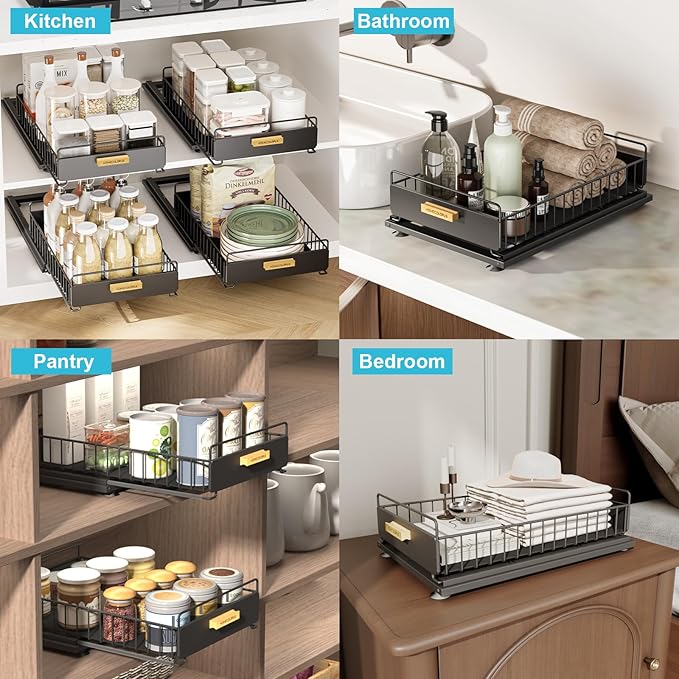 Pull Out Cabinet Organizer,Under Sink Organizer and Storage, 3 Installation Methods Slide Out Drawers for Cabinets, Multi-Purpose Storage Shelf for Kitchen, Cupboard, Bathroom 2 Pack Black