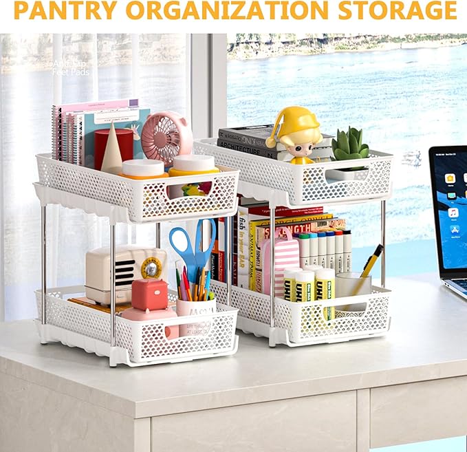 DABIGE 2 Pack Pull Out Bathroom Organizers and Storage, 2 Tier Stackable Under Sink Storage Organizer for Bathroom, Kitchen Cabinet, Pantry, and Medicine Holder, Organization and Storage - White