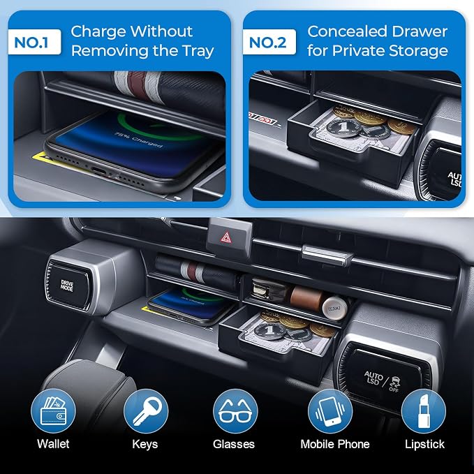 EDBETOS Center Console Organizer for 2026 Toyota RAV4 Accessories w/Drawer | for 2026 RAV4 Under Screen Storage Tray Divider 4 Compartment Console Organizer for Wireless Charging Area, ABS Insert