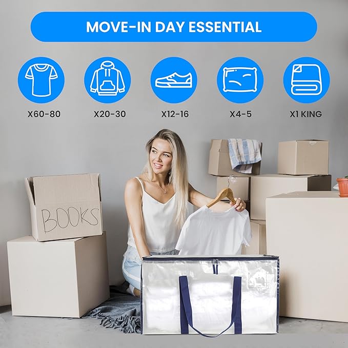 Simple Deluxe 12 Pack Extra Large Moving Bags with Lids, Reinforced Handles and Zippers, Heavy Duty Storage Tote for Moving Travel Camping Space Saving, White