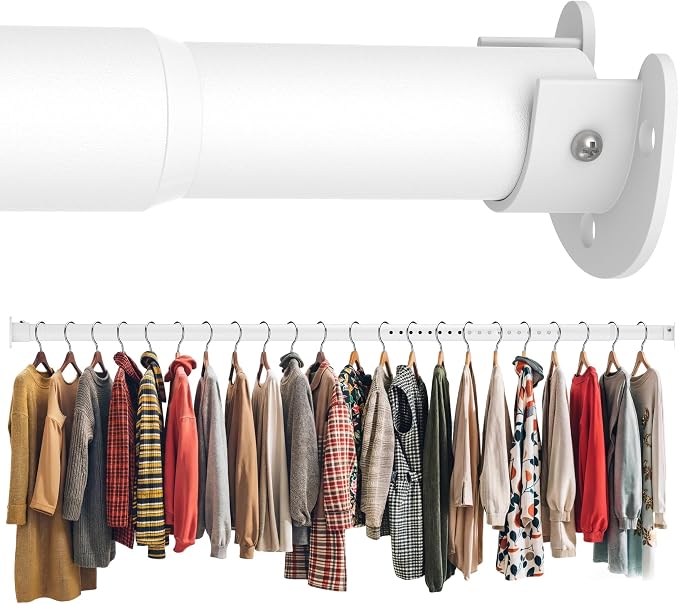 Metal Closet Rod 1.3" Heavy Duty Adjustable Hanging Rod 17-63 Inch | White, Stainless Steel, 1.3 Inch Diameter, Wall Brackets Included, For Hanging Clothes, Walk-In Closets, Laundry Rooms