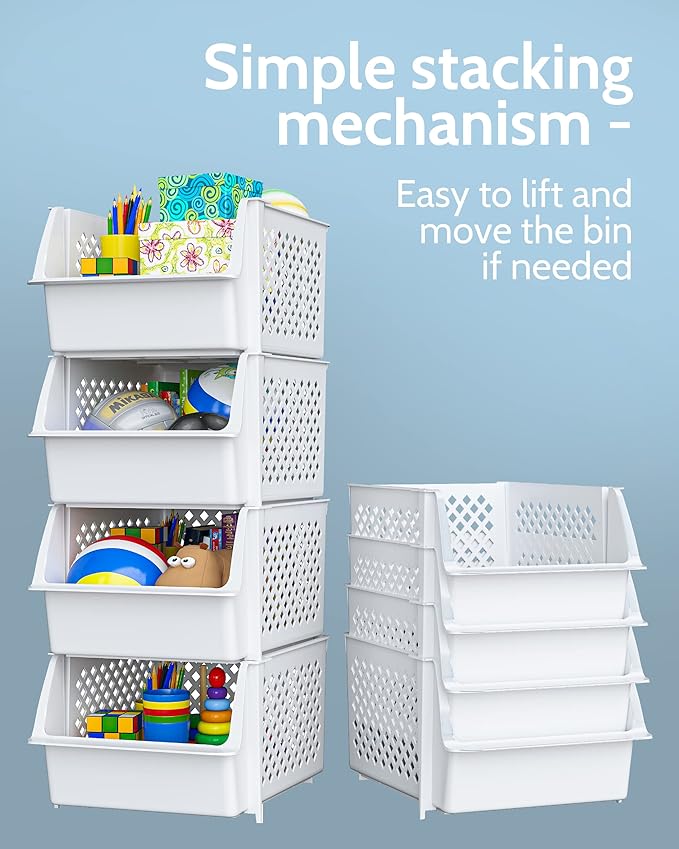 TidyFriend Stackable Storage Bins for Pantry - 8 Pack Stackable Bins for Organizing Food, Kitchen, and Bathroom Essentials (White)