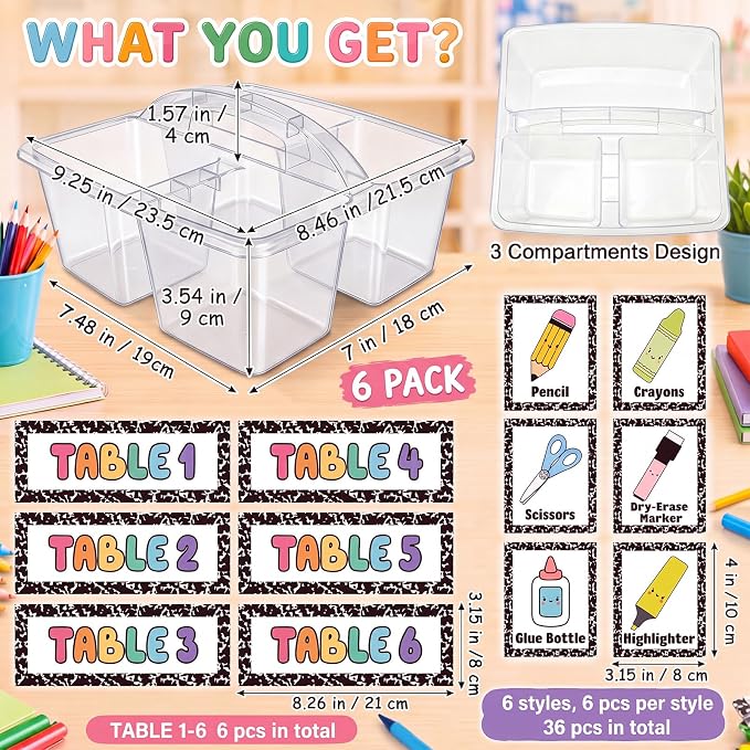 Hushee 6 Pcs Classroom Caddy Plastic Stackable Caddy Organizer with Handle 3 Compartment with 42 Label Portable Craft Basket Organization Storage for Desk Teacher Office School Supplies(Clear)