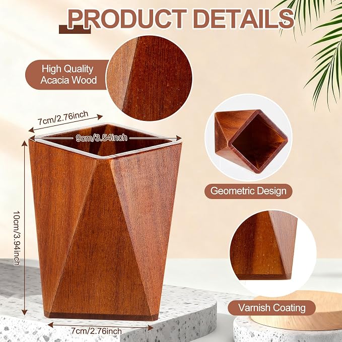 Henoyso 2 Pcs Wood Pen Pencil Holder Geometric Pencil Cup Stand Makeup Organizer for Pen Holder Desk Home Office Adults (Acacia Wood)