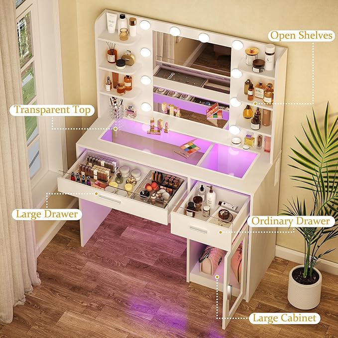 HUAHUU Vanity Desk with Mirror and Lights, Makeup Vanity Desk with Lights 3 Colors, Transparent Top Vanity with 2 RGB Drawers, 6 Shelves, Large Tempered Cabinet, Power Outlet, for Bedroom, White