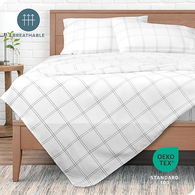Bare Home Split King Sheet Set - 1800 Ultra-Soft Microfiber Bed Sheets - Double Brushed - Deep Pockets - Easy Fit - 5 Piece Set - Bed Sheets (Split King, Modern Plaid - White/Grey)