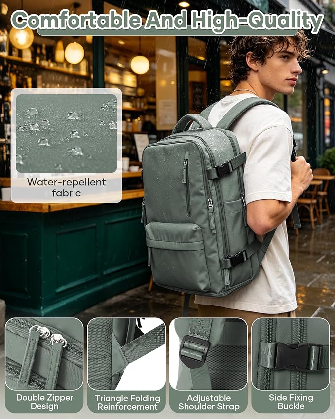 WONHOX Large Travel Backpack Women, Carry On Backpack,Hiking Backpack Waterproof Outdoor Sports Rucksack Casual Daypack with USB Charging Port Shoes Compartment, Dark Green