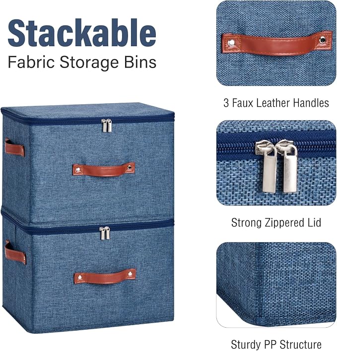 Storage Bin Box with Zippered Lid Cotton Linen Fabric Decorative Basket PU Leather Handles PP Plastic Board Foldable Lidded Clothing Shelf Closet Organizer Container (Denim Blue, Large)