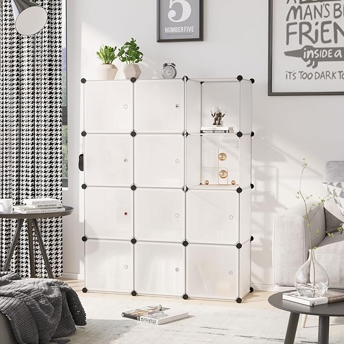 C&AHOME Cube Storage Organizer with Doors, 12-Cube Shelves, Closet Cabinet, DIY Plastic Modular Bookshelf Ideal for Bedroom, Living Room, 36.6”L x 12.4”W x 48.4”H Transparent White USHS3012W-DOOR