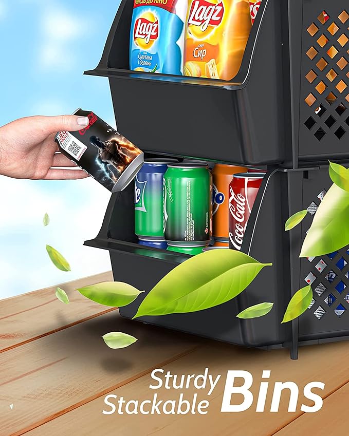 TidyFriend Stackable Storage Bins for Pantry - 8 Pack Stackable Bins for Organizing Food, Kitchen, and Bathroom Essentials (Black)