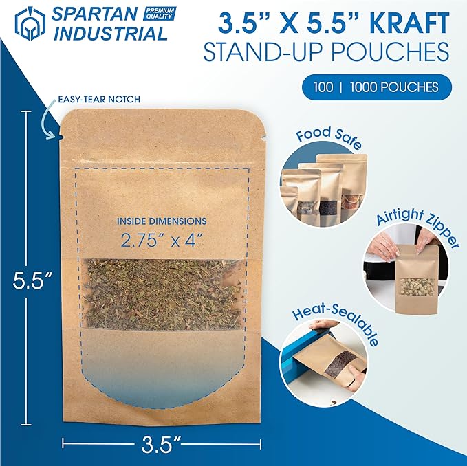Spartan Industrial - 3.5" X 5.5" Kraft Resealable Stand-Up Pouches - Pack of 100 Small Storage Bags for Smell-Proof Food Storage and Packaging, Pet Treats, Cosmetics, and More