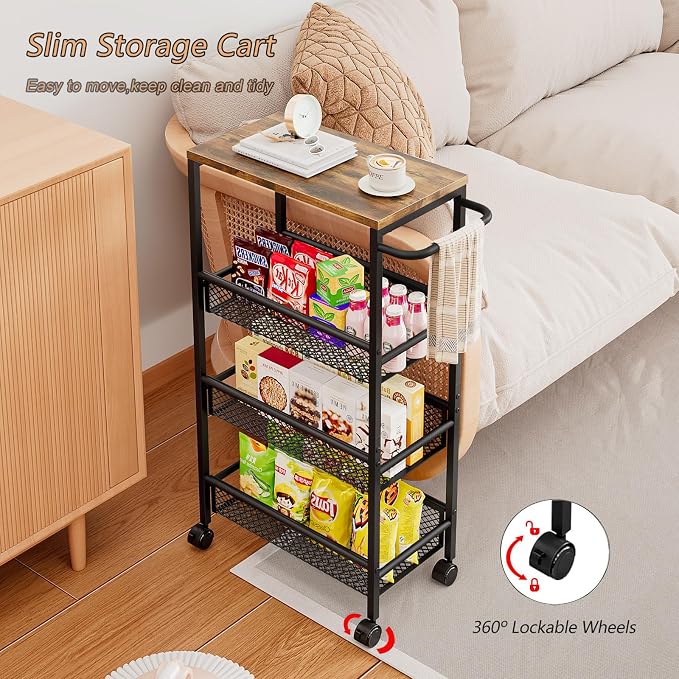 AZERPIAN Slim Rolling Cart 4 Tier Narrow Storage Cart on Wheels with Metal Handle for Kitchen Dining Living Home Laundry Room