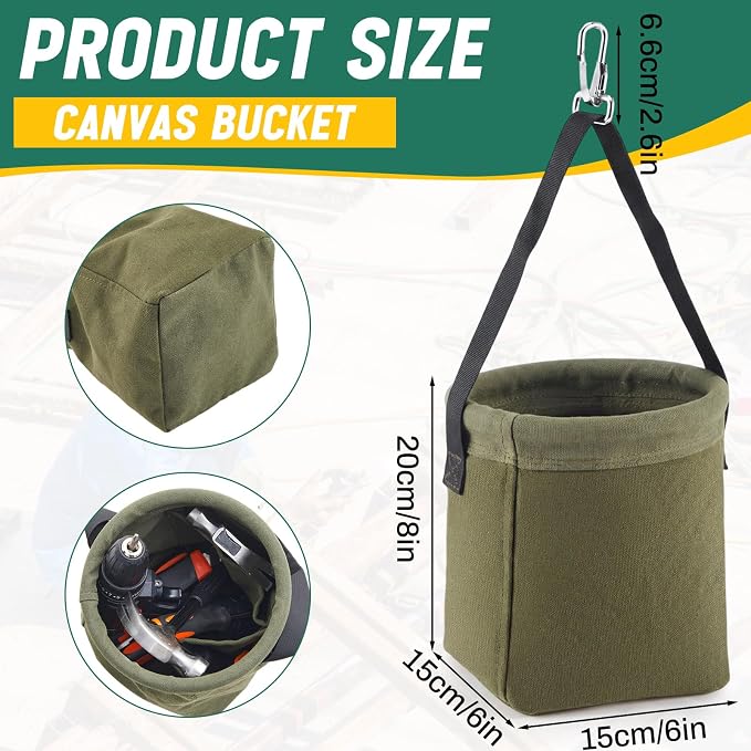 2 Pcs Tool Bags Square-Bottom 8 x 6.5 x 6.5, Canvas Tool Bucket Bag with 2 Interior Pockets & Metal Hook & Snap Clip, All-Purpose Bucket Tools Organizer for Outdoor Work & Maintenance