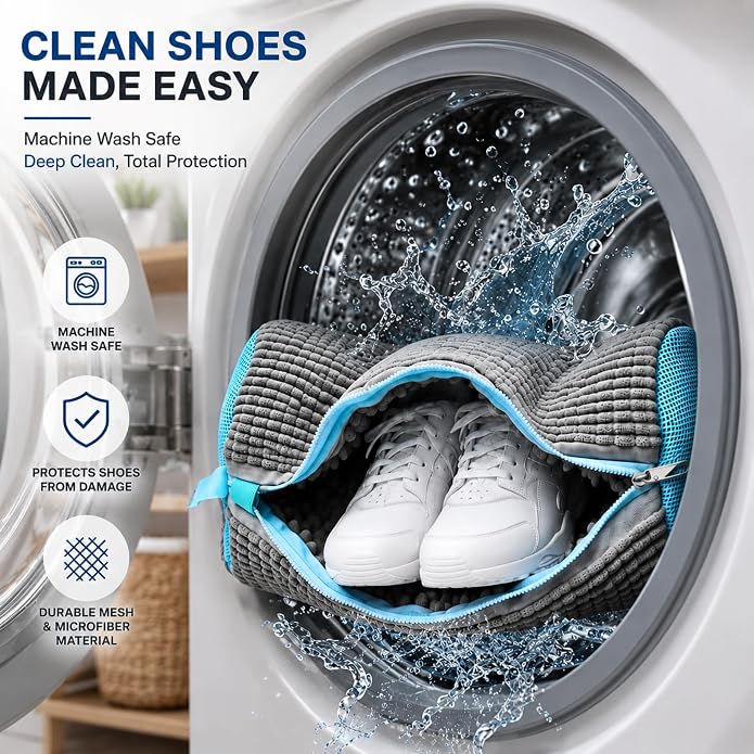 GEWON Shoe Washing Machine Bag for Wash & Dry, 4-in-1 Kit 2 Chenille Sneaker Laundry Bags + 2 Dust Bags, Self-Locking Zipper