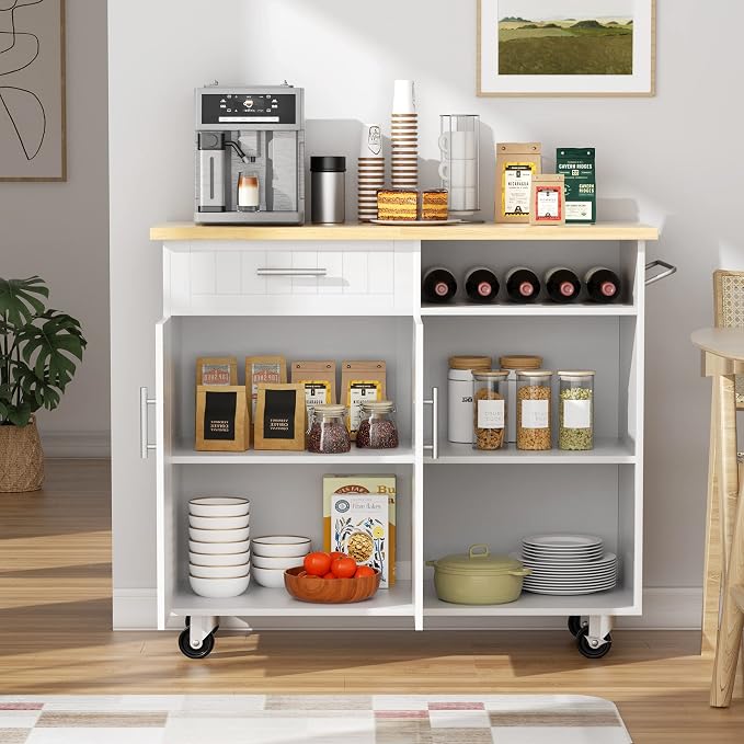 SUNLEI Kitchen Island on Wheels with Storage Cabinet & Drawer, 42" Multifunction Kitchen Cart Cabinet with Shelves, Cart Handle for Towel Rack or Free Mobility, Portable Islands for Kitchen(White)