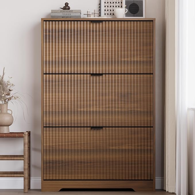 BORNOON Entryway Shoe Cabinet with 3 Flip Drawers, Narrow Shoe Organizer Cabinet with Fluted Panel and Adjustable Shelves for Foyer, Hallway