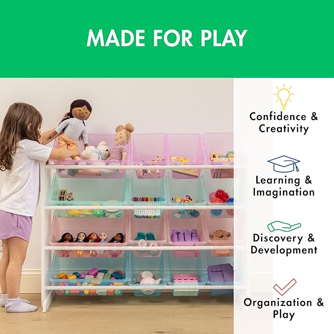 Humble Crew Toy Storage Organizer with 16 Removable Storage Bins for Kids Playroom, 4-Tier Toddler Toy Organization and Storage, White/Purple/Pink/Blue
