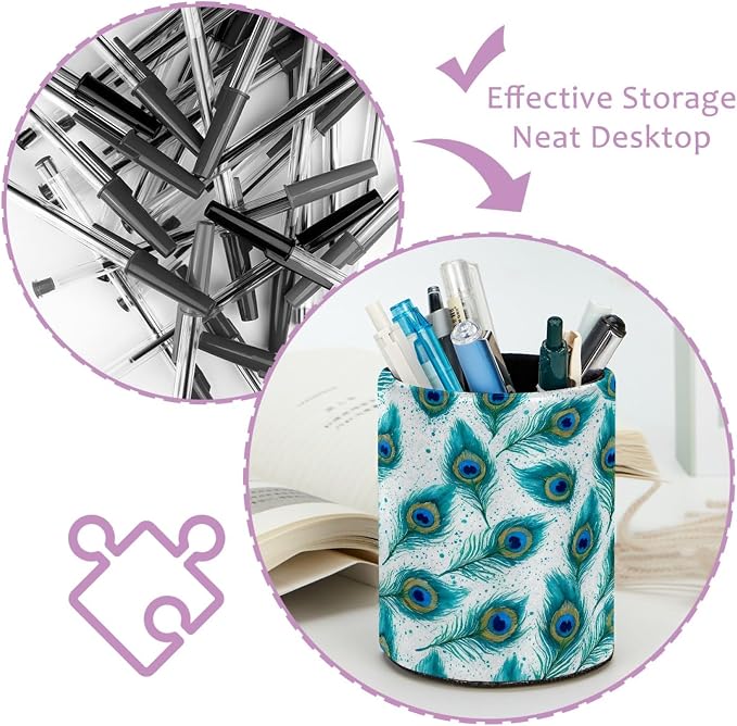 Leather Pen Holder for Desk, Peacock Feather Pencil Cup Pen Organizer Makeup Brush Holder for Office Home Kids Countertop Desk Accessory Storage