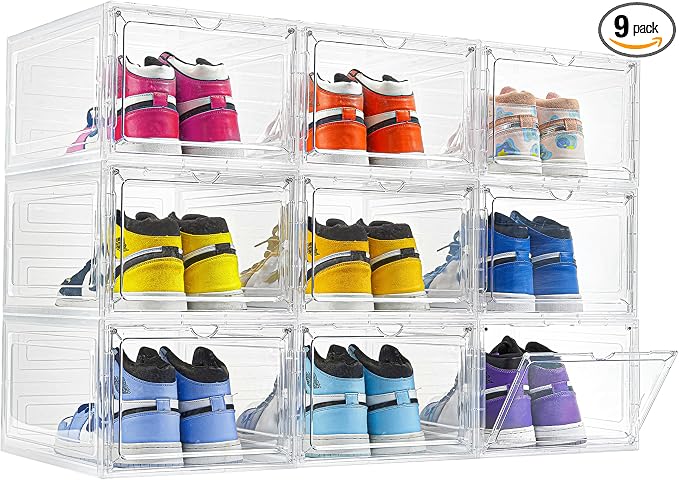 ZLLZUU Stackable Shoe Storage Boxes 9 Pack X-Large Clear Sneaker Organizer | Fits up to Women's Size 13, Easy to Assemble, Clear Visible Magnetic Front Door, Quick Aceess, Durable and Sturdy Plastic