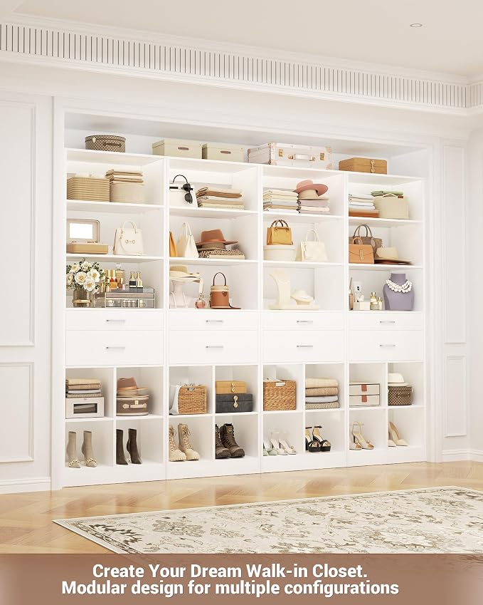 Besiost 22" Closet System with Drawers, Small Closet Organizer for Walk in Closet, Wardrobe Storage Unit with Storage and Shelves, White