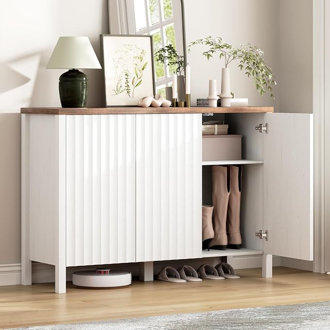 Vlsrka Shoe Cabinet with 3 Doors, Narrow Wooden Shoe Cabinet, Hidden Shoe Storage for Entryway, Foyer, Hallway (White AAA)
