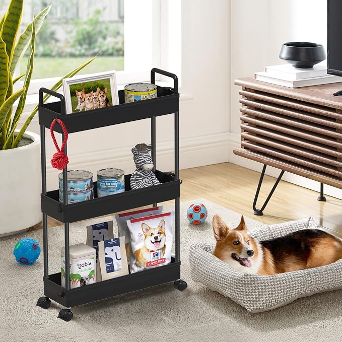 SOLEJAZZ Slim Rolling Storage Cart Skinny Bathroom Organizer, 3 Tier, Black | Thin utility cart with wheels for bathroom, laundry room, bedside, kitchen, dorm, office, next to fridge, small narrow places