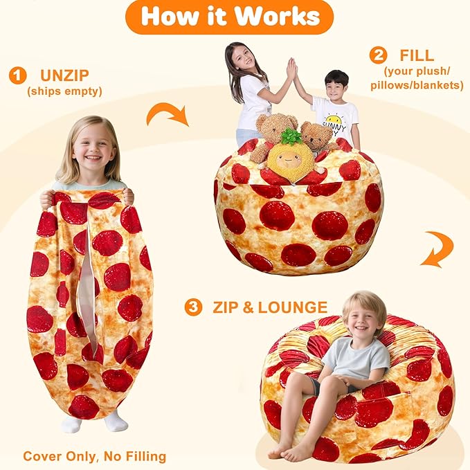 Lukeight Pizza Stuffed Animals Storage Bean Bag Chair Cover Only (Ships Empty, No Filling) - Velvet YKK Zipper Beanbag Cover for Toddlers and Kids, Washable Plush Toy Organizer, Large 27" D x 16" H