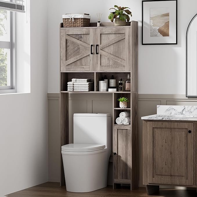 Homhedy Wooden Over The Toilet Storage Cabinet with Barn Door | Freestanding Bathroom Storage, Toilet Paper Holder, Adjustable Shelf,Space-Saving, Farmhouse Style, Greige