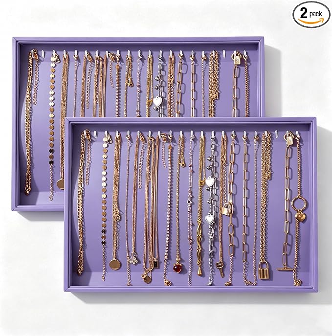 Large Velvet Jewelry Tray 2 Pack Stackable Jewelry Display Drawer Inserts Trays Organizer for Earring Bracelet Necklace Ring (Purple, 20 Hooks)