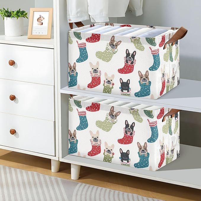 Cute Christmas French Bulldogs Storage Basket Foldable Cube Storage Bins with Handles&Label Waterproof Organizer Box Bin Large Rectangle Decorative Baskets for Shelves Home Room Laundry-2 Pack