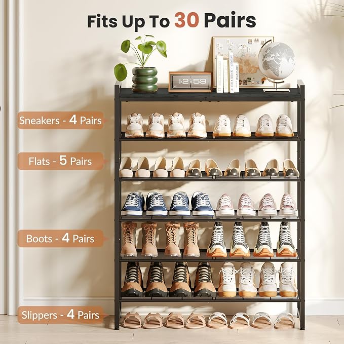 6 Tier Shoe Rack Organizer for 24-30 Pairs, Tall Metal Shoe Storage Shelf with Wood Top, Adjustable Boot Space, Narrow Design for Entryway Closet,Black