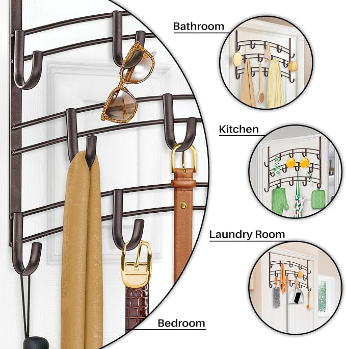 LYNK Professional® Home™ Over the Door Hooks - 14 Hook – Over the Door Coat Rack - Over the Door Hanger - Hanging Towels or Clothes - Bathroom, Bedroom, Laundry Room - Lifetime Ltd. Warranty, Bronze