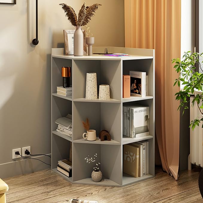 HedoAjim Corner Cabinet, Corner Storage Shelf with USB Ports and Outlets Industrial Organizer for Small Space Wooden 9-Cubby Bookshelf for Study, Playroom, Living Room (Grey)