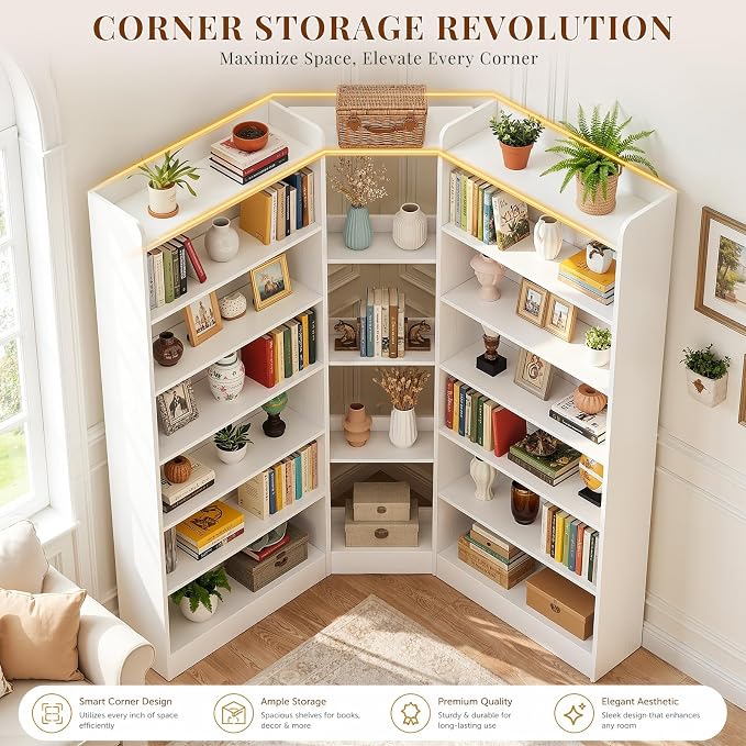 Unikito 71.3" Tall Corner Bookshelf Etagere Bookcase with Baffle, White | Large L-Shaped Asymmetric 7 Tiers Freestanding Storage Organizer Display Stand Shelf for Home Office, Living Room