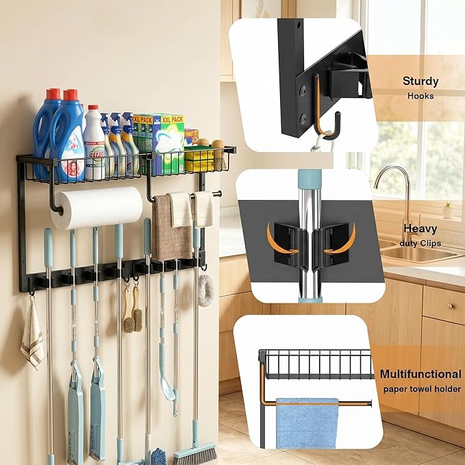 Broom Holder Wall Mount, Broom and Mop Organizer Wall Hanging with Paper Towel Holder & Removable Anti-fall Basket, Wall Mount Cleaning Supplies Organizer for Laundry Room, Apartment, Utility Room
