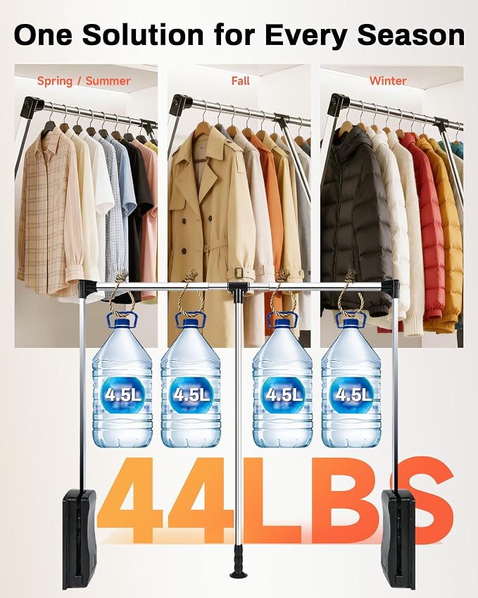 Pull Down Closet Rod, 33–45 in Adjustable, 44 lbs Capacity | Polished Metal Surface, Two-Way Buffering System, Smooth Pull-Down Access, Side-Mounted Design, Space-Saving Closet Organizer