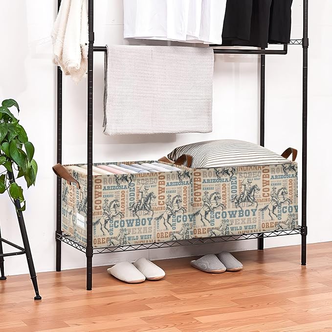 Western Cowboy Horses Retro Vintage 70s 80s Storage Bins for Shelves with Labels&Handles Fabric Organizer Bin Foldable Rectangle Storage Basket Boxes for Closet, Bathroom, Home, Living Room, 2 PC
