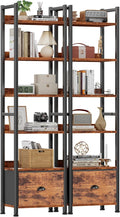 Furologee Book Shelf Set of 2, 6 Tier Tall Shelf with Drawer, Bookshelves and Bookcases Set of 2, Industrial Display Shelving Unit for Bedroom, Living Room, Home Office, Rustic Brown