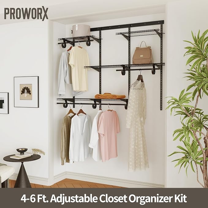 PROWORX 4-6 Ft. Expandable Closet Organizer System, Gray Custom Metal Wire Closet Shelving, Organizers and Storage Shelves Wall Mounted with Hanging Rods
