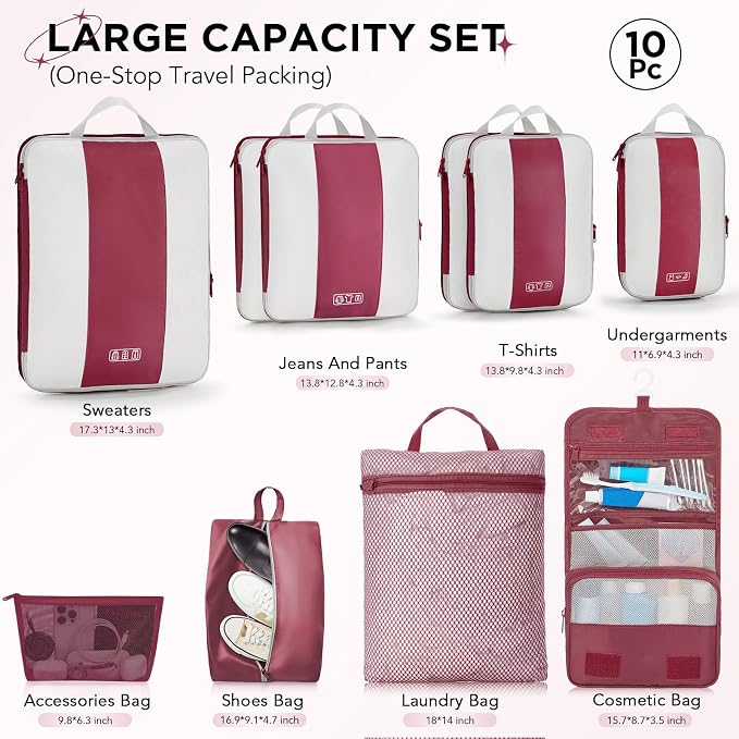 OlarHike 10 Set Compression Packing Cubes for Travel Essentials,Compressible Expandable Space Saver Bags for Organizing Clothes,Luggage Suitcase Garment Bags with Over 1000 pcs Mesh Holes(Wine Red)