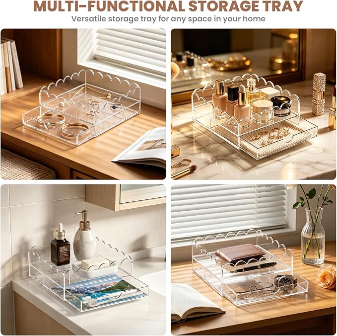 Scalloped Acrylic Tray, 8”x 8” Clear Acrylic Tray with Upgraded 1" Height Drawer for Vanity Jewelry Makeup Organized Skincare Storage, Acrylic Display Tray for Insert Needlepoint Photo Art Home Decor